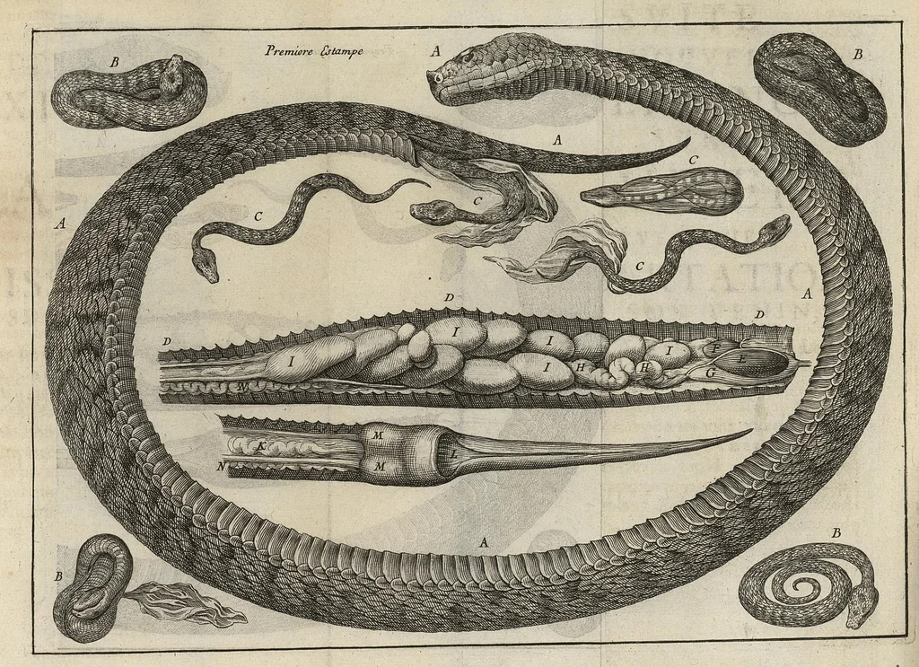 An illustration from Nouvelles experiences sur la vipere, ou l'on verra une description exacte de toutes ses parties, la source de son venin, ses divers effets, et les remedes exquis que les artistes peuvent tirer de la vipere..., 1669, leaf 224