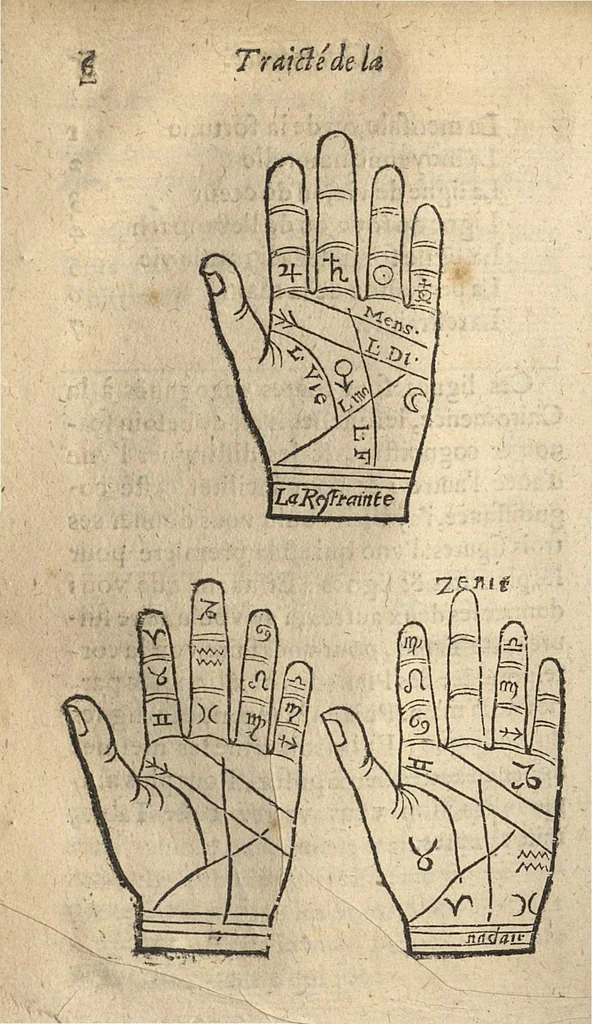 An illustration from Les Oeuvres...contenant la chiromence, physionomie, l'art de memoyre de Raymond Lulle ; traicté des divinations ; augures & songes...derniere edition, reveue,.., 1640, leaf 21