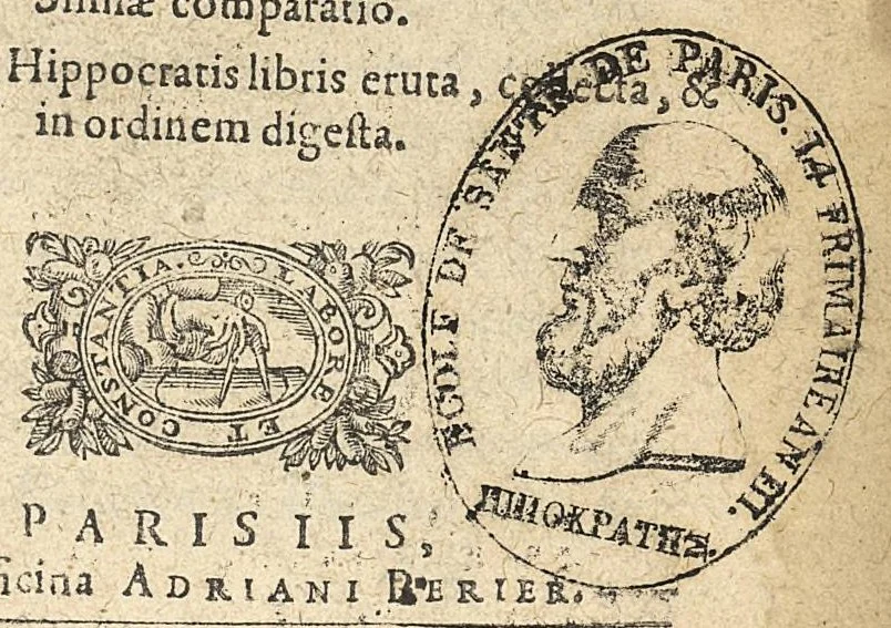 An illustration from Osteologia ex veterum et recentiorum praeceptis descripta. In qua continentur Isagogica de ossibus tractatio, cum osteologia infantium usque ad septennium, per Ioannem Riolanum. Claudij Galeni liber De Ossibus ad tyrones. Et in eundem librum Iacobi Sylvii Commentarius. Joannis Riolani Explanationes apologeticae, pro Galeno adversus novitios et novatores anatomicos. Simiae osteologia, sive ossium hominis et simiae comparatio Osteologia ex Hippocratis libris eruta, coll. et in ordinem digesta., 1614, leaf 0