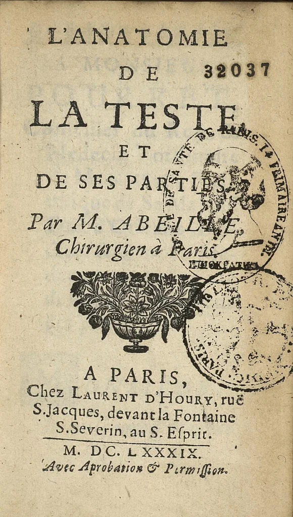 An illustration from L'anatomie de la teste et de ses parties [suivi de ] Chapitre singulier tiré de Guidon pour l'instruction des etudians en chirurgie, divisé en deux parties, et enrichi de vers, 1689, leaf 4