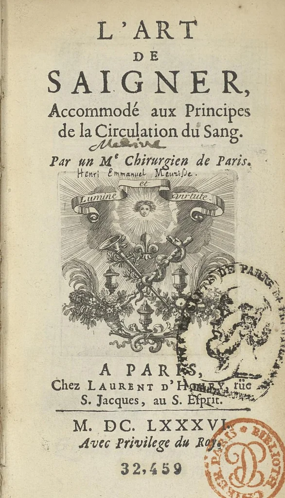 An illustration from L'art de saigner, accommodé aux principes de la circulation du sang..., 1686, leaf 8