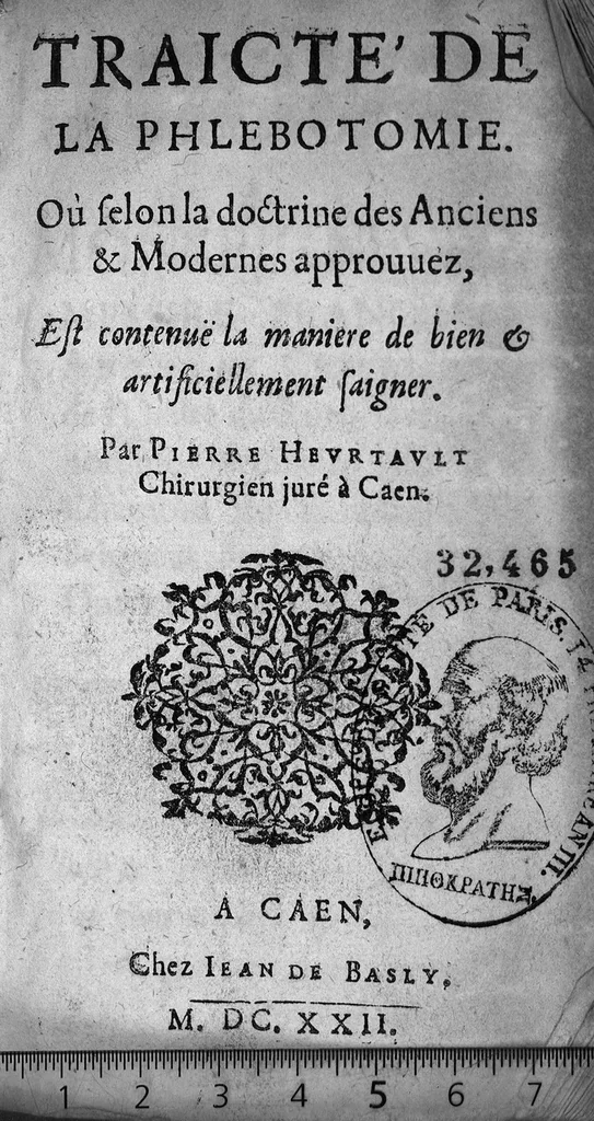 An illustration from Traicté de la phlebotomie. Où selon la doctrine des Anciens & Modernes approuvez, est contenuë la maniere de bien & artificiellement saigner, 1622, leaf 0