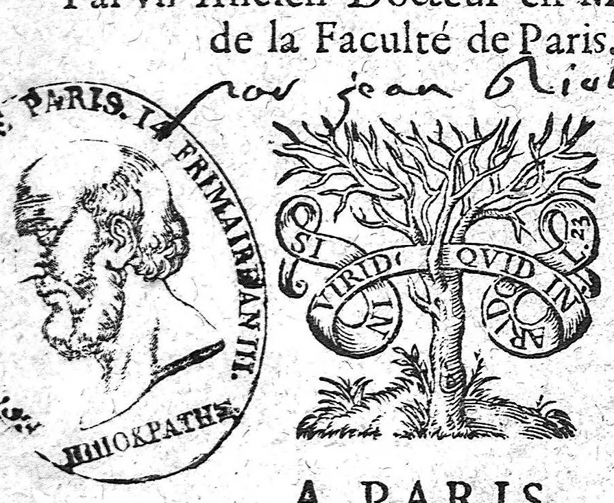 An illustration from Curieuses recherches sur les escholes en médecine de Paris et de Montpellier, nécessaires d'estres sceuës pour la consevation de la vie, par un ancien docteur en médecine de la faculté de Paris, 1651, leaf 0