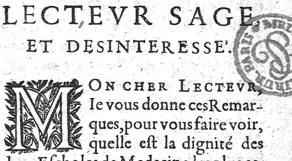 An illustration from Curieuses recherches sur les escholes en médecine de Paris et de Montpellier, nécessaires d'estres sceuës pour la consevation de la vie, par un ancien docteur en médecine de la faculté de Paris, 1651, leaf 2