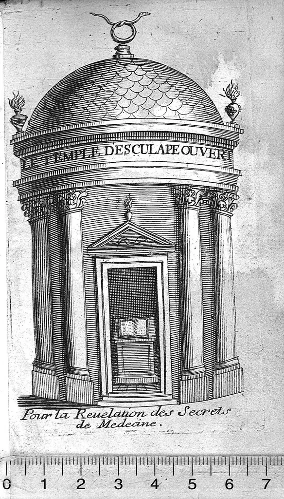 An illustration from Le Temple d'Esculape, ou le Dépositaire des nouvelles découvertes qui se font journellement dans toutes les parties de la médecine / ... recueillies... par Nicolas de Blégny,..., 1680, leaf 0