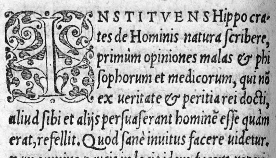 An illustration from Hippocratis Coi, medicorum Principis, De Natura Hominis liber : Graece et Latine. Accesserunt Blasii Hollerii Vivariensis, Philosophi ac Medici, Commentaria, iam primum recognita et aucta, 1561, leaf 99