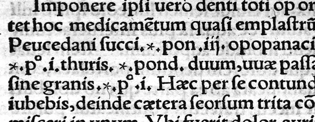 An illustration from Scribonii Largi,... de Compositione medicamentorum liber, jampridem Jo. Ruellii opera e tenebris erutus... Antonii Benivenii libellus de abditis... ac mirandis morborum et sanationum causis. Polybus de salubri victus ratione privatorum, Guinterio Joanne Andernaco interprete, 1529, leaf 57