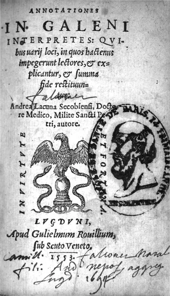 An illustration from Annotationes in Galeni interpretes : quibus varii loci, in quos hactenus impegerunt lectores, et explicantur, et summa fide restitutuuntur : Andrea Lacuna Secobiensi, Doctore Medico, Milite Sancti Petri autore, 1553, leaf 3
