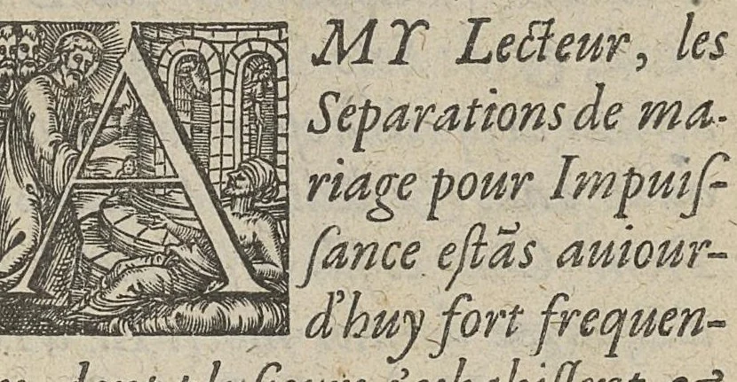 An illustration from Discours sur l'impuissance de l'homme et de la femme auquel est declaré que c'est qu'Impuissance empeschant & separant le Mariage..., 1655, leaf 12