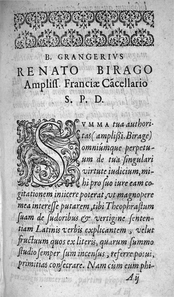 An illustration from Theophrastou tou philosophou ellogimôtatou Peri idrotôn, kai peri iliggôn = Theophrasti philosophi nobilissimi De sudoribus libell. vnus, De vertigine libell. alter e Graeca lingua in Latinam conuersi, et annotationibus illustrati, per Bonauenturam Grangerium ... nunquam antea Latine editi. Libello de sudoribus adiecta sunt sudorum prognostica, ab eodem interprete Latinis versibus descripta, ex Hippocr. & Gal. scriptis, 1576, leaf 2