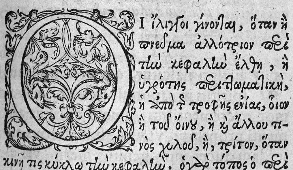 An illustration from Theophrastou tou philosophou ellogimôtatou Peri idrotôn, kai peri iliggôn = Theophrasti philosophi nobilissimi De sudoribus libell. vnus, De vertigine libell. alter e Graeca lingua in Latinam conuersi, et annotationibus illustrati, per Bonauenturam Grangerium ... nunquam antea Latine editi. Libello de sudoribus adiecta sunt sudorum prognostica, ab eodem interprete Latinis versibus descripta, ex Hippocr. & Gal. scriptis, 1576, leaf 80