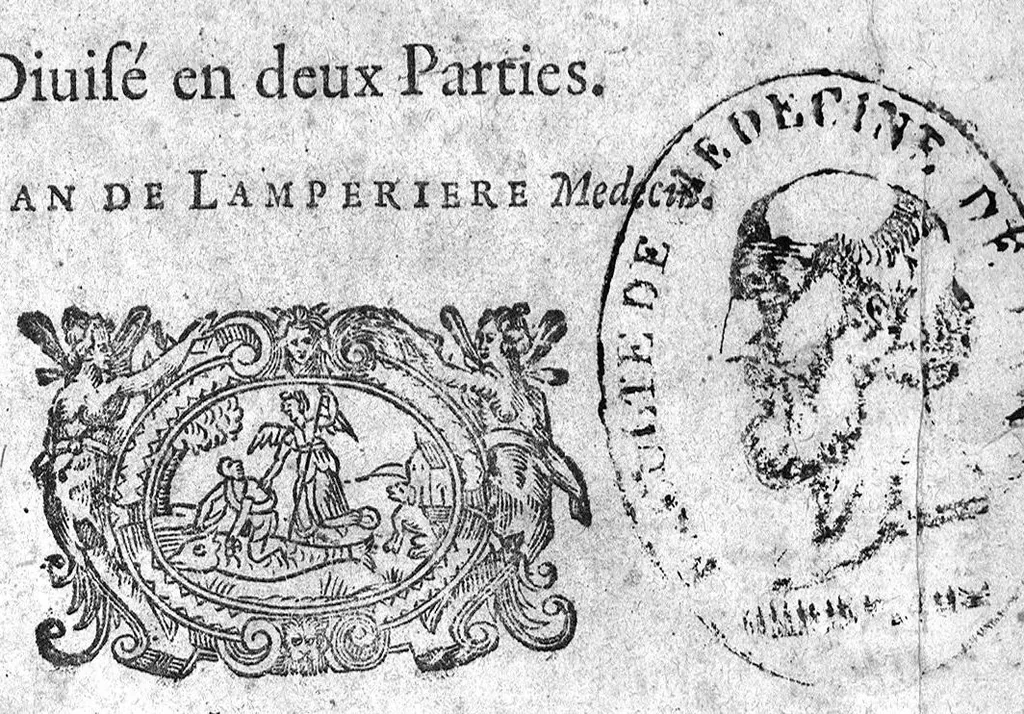 An illustration from Traité de la peste, de ses causes & de la cure. Avec les moyens de s'en preserver & les controverses sur ce sujet, divisé en deux parties, 1620, leaf 0