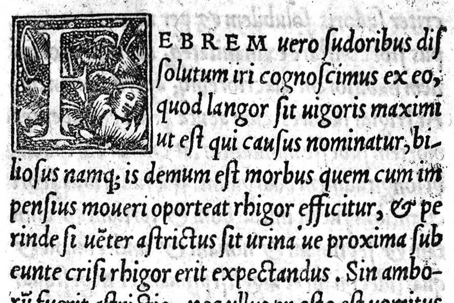 An illustration from Alexandri Aphrodisei medici et philosophi praecellentis, de febrium causis et differentiis opusculum a Georgio Valla Placentino latinitate donatum. In librum Ioannis Damasceni principis Arabum medici, de exquisita febrium curatione compendiosum diegema Albano Torino authore. Eiusdem aphorismorum libellus eodem Torino paraphraste. Ad haec Simonis Grynaei ... medicinae commentatio [i.e. commendatio] sive encomium. Praesagium experientia confirmatum Galeni Georgio Valla ... interprete, 1542, leaf 82