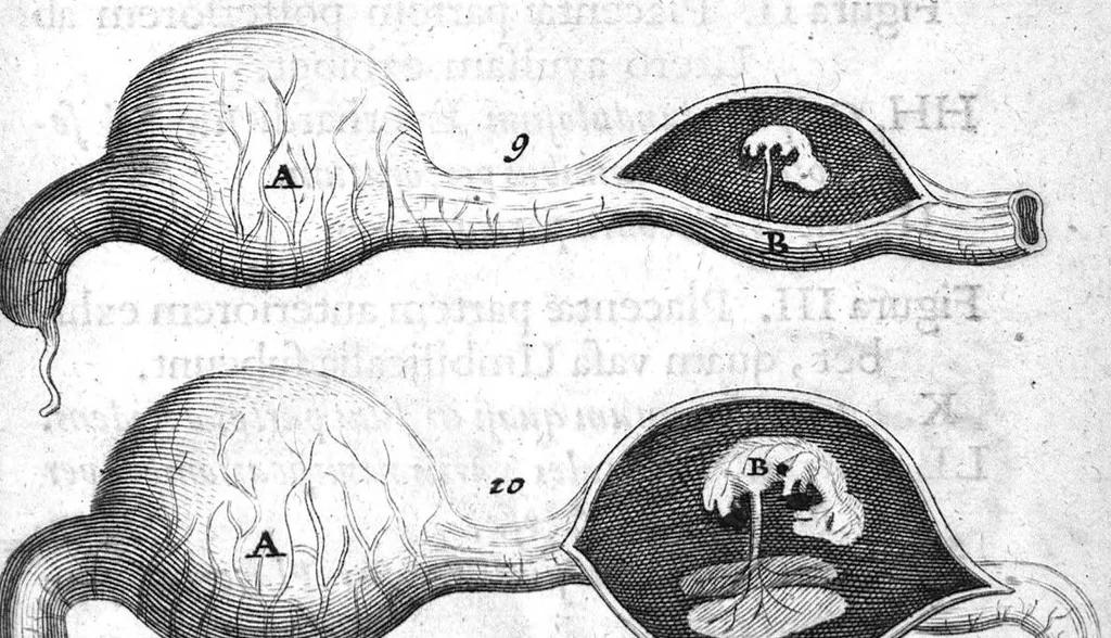 An illustration from Regneri de Graaf De mulierum organis generationi inservientibus tractatus novus : demonstrans tam homines & animalia caetera omnia, quae vivipara dicuntur, haud minus quàm ovipara ab ovo originem ducere : ad Cosmum III, magnum Etruriae ducem, 1672, leaf 377