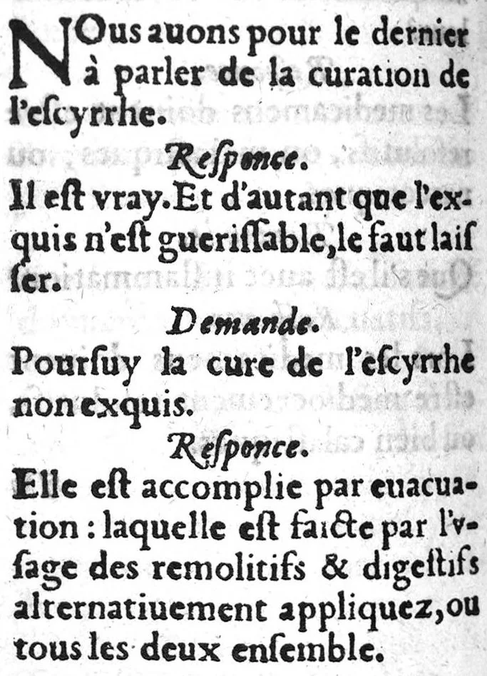 An illustration from Questionere des tumeurs contre nature, necessaire à ceux qui veulent parvenir à la cognoissance de cette partie de chyrurgie. Contenant les causes, signes & curation en general. Fait par Tanequin Guilhemet Chyrurgien du Roy de Navarre et maistre en ladite faculté en la Cité de Nimes,, 1579, leaf 31