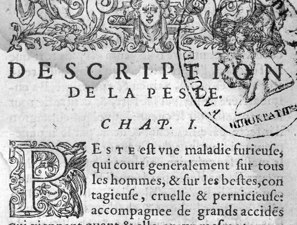 An illustration from Excellent traicte de la peste, monstrant les causes, signes d'icelle et les remedes les plus exquis tant pour la preservation que pour la cure des malades, le tout bien approuvé, et en divers lieux heureusement experimenté, Par Antoine Royet, natif de Lyon, 1583, leaf 8