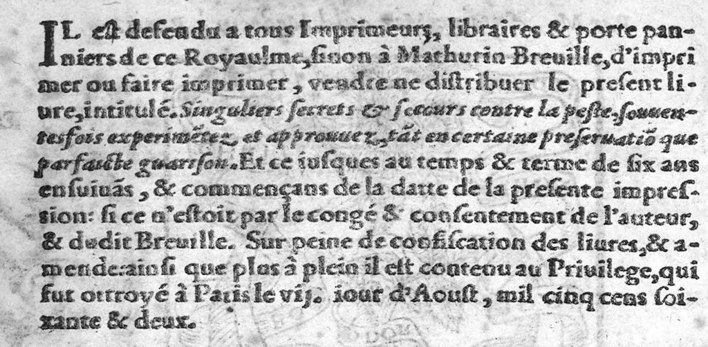An illustration from Singuliers secrets et secours contre la peste, souventesfois experimentez et approuvez, tant en certaine preservation que parfaicte guarison, Par M. Antoine Mizauld Medecin à Paris, 1562, leaf 1
