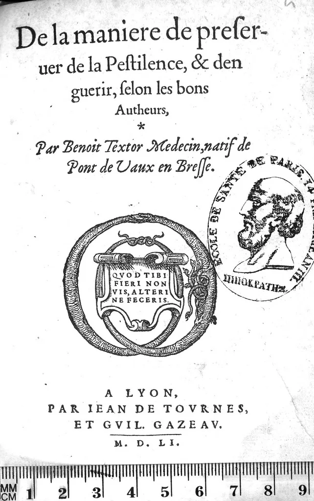 An illustration from De la maniere de preserver de la Pestilence, et den guerir, selon les bons Autheurs, par Benoit Textor Medecin, natif de Pont de Vaux en Bresse,, 1551, leaf 0
