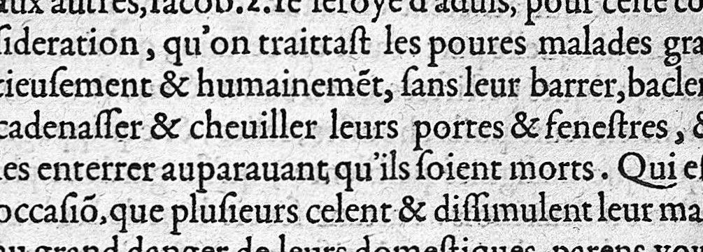 An illustration from Discours tres ample de la Peste, divisé en trois livres ; adressant à Messieurs de Tours : Par M. Nic. de Nancel, Noyonnois, medecin audit Tours. Icy sont traictees plusieurs choses contre l’opinion commune, et tradition ordinaire ; tant au premier livre, touchant la definition, differences, causes, signes, prognostic de la Peste ; comme au 2. de la precaution ; au 3. de la curation d’icelle,, 1581, leaf 361