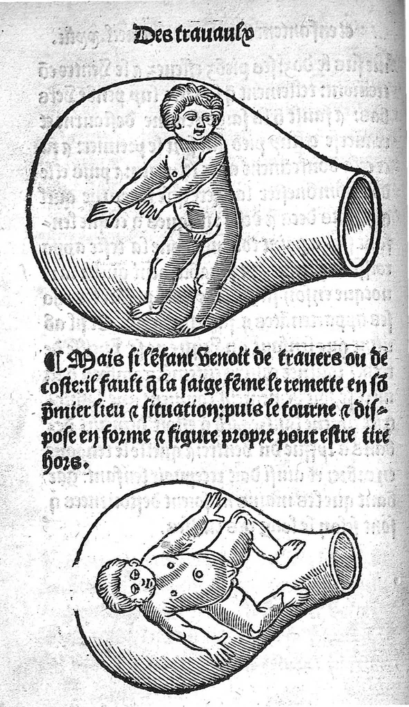 An illustration from Des divers travaulx et enfantemens des femmes, et par quel moyen lon doit survenir aux accidens qui peuvent escheoir devant et apres iceulx travaulx. Item quel lait et quelle nourrisse on doit eslire aux enfans : ensemble aucuns remedes concernens plusieurs maladies survenantes ausdits enfans nouveaux nez. Livret fort utile et duysant pour survenir a beaucoup de necessitez. Compose premierement en latin, par excellent medicin de Francfort, maistre Euchaire Rodion, et depuis tourne en langue françoyse, a lutilite de plusieurs personnes, 1536, leaf 45