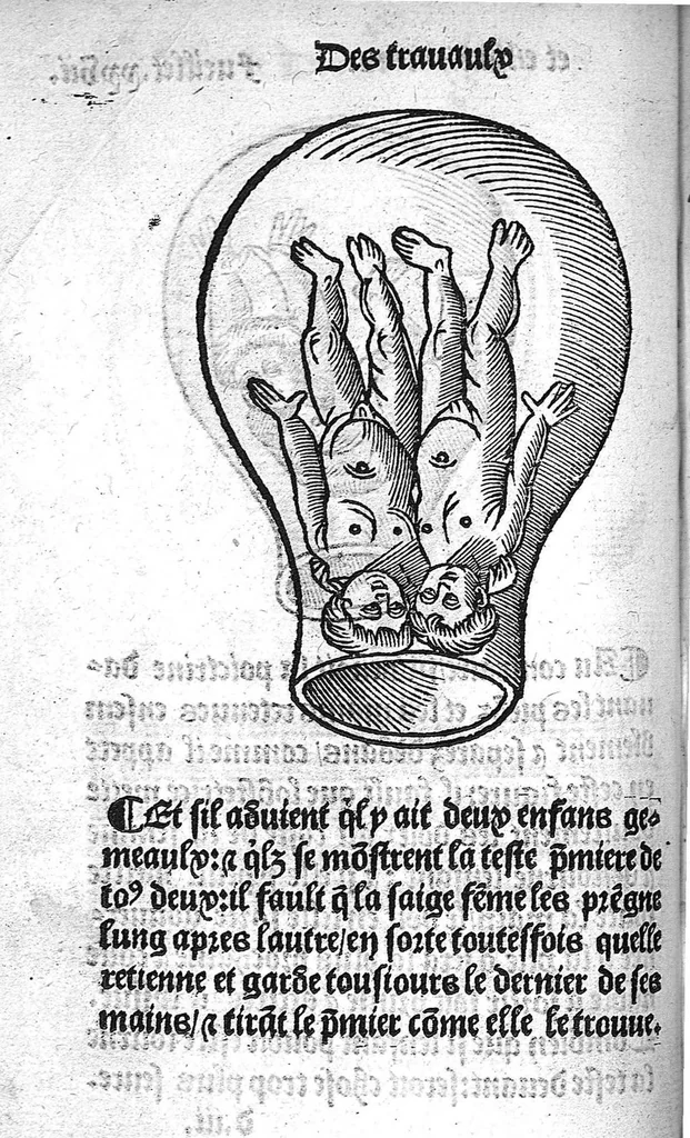 An illustration from Des divers travaulx et enfantemens des femmes, et par quel moyen lon doit survenir aux accidens qui peuvent escheoir devant et apres iceulx travaulx. Item quel lait et quelle nourrisse on doit eslire aux enfans : ensemble aucuns remedes concernens plusieurs maladies survenantes ausdits enfans nouveaux nez. Livret fort utile et duysant pour survenir a beaucoup de necessitez. Compose premierement en latin, par excellent medicin de Francfort, maistre Euchaire Rodion, et depuis tourne en langue françoyse, a lutilite de plusieurs personnes, 1536, leaf 53