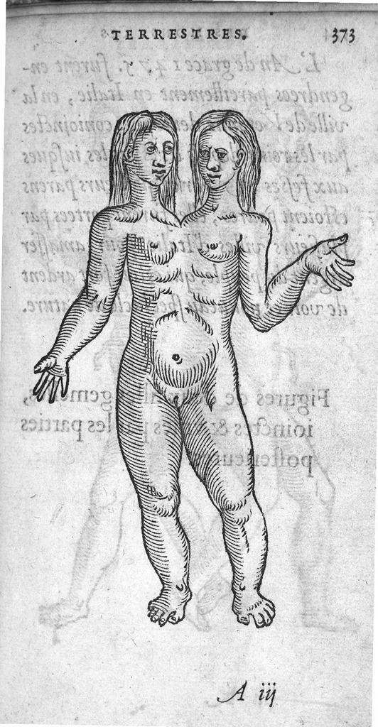 An illustration from Deux livres de chirurgie, I. De la generation de l’homme, et maniere d’extraire les enfans hors du ventre de la mere, ensemble ce qu’il faut faire pour la faire mieux, et plus tost accoucher, avec la cure de plusieurs maladies qui luy peuvent survenir. 2. Des monstres tant terrestres que marins, avec leurs portrait. Plus un petit traité des plaies faites aux parties nerveuses. Par Ambroise Paré, premier Chirurgien du Roy, et juré à Paris,, 1573, leaf 392