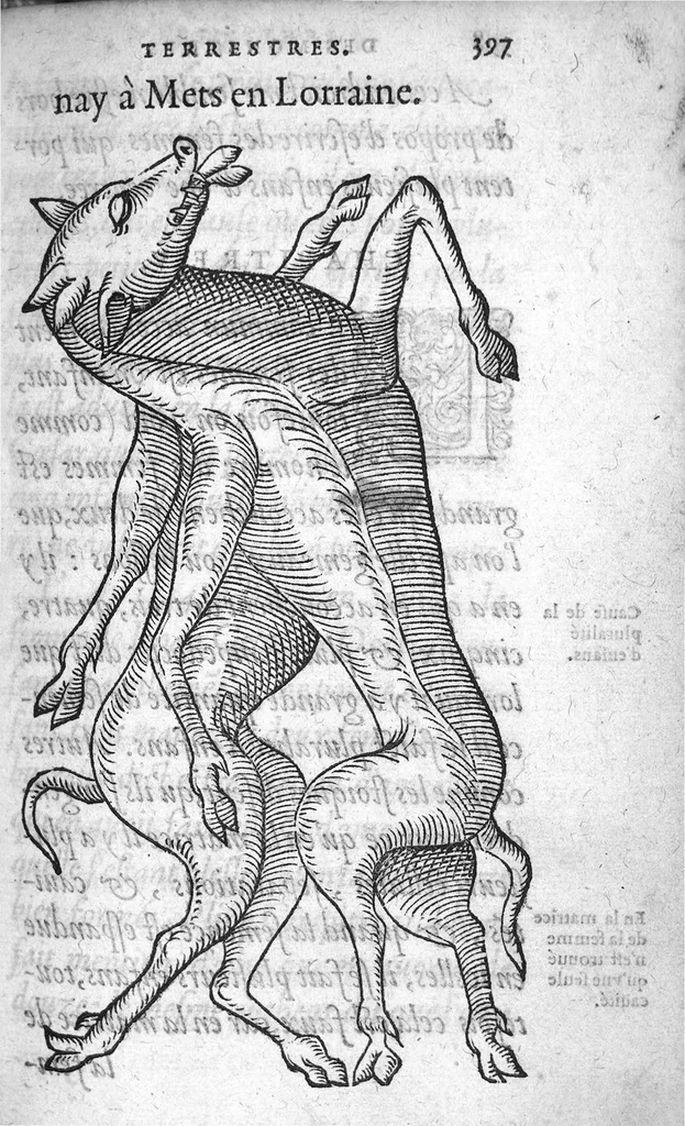 An illustration from Deux livres de chirurgie, I. De la generation de l’homme, et maniere d’extraire les enfans hors du ventre de la mere, ensemble ce qu’il faut faire pour la faire mieux, et plus tost accoucher, avec la cure de plusieurs maladies qui luy peuvent survenir. 2. Des monstres tant terrestres que marins, avec leurs portrait. Plus un petit traité des plaies faites aux parties nerveuses. Par Ambroise Paré, premier Chirurgien du Roy, et juré à Paris,, 1573, leaf 416