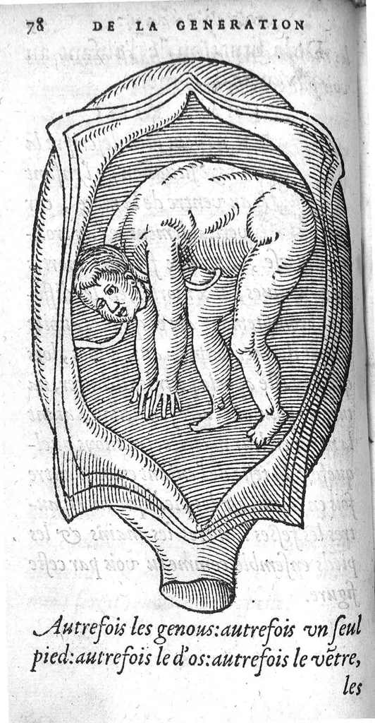 An illustration from Deux livres de chirurgie, I. De la generation de l’homme, et maniere d’extraire les enfans hors du ventre de la mere, ensemble ce qu’il faut faire pour la faire mieux, et plus tost accoucher, avec la cure de plusieurs maladies qui luy peuvent survenir. 2. Des monstres tant terrestres que marins, avec leurs portrait. Plus un petit traité des plaies faites aux parties nerveuses. Par Ambroise Paré, premier Chirurgien du Roy, et juré à Paris,, 1573, leaf 97