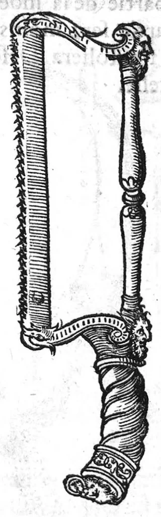 An illustration from La maniere de traicter les playes faictes tant par hacquebutes, que par fleches : et les accidentz d’icelles, comme fractures et caries des os, gangrene et mortification : avec les pourtraictz des instrumentz necessaires pour leur curation. Et la methode de curer les combustions principalement faictes par la pouldre à canon. Le tout composé par Ambroise Paré, maistre Barbier Chirurgien à Paris, 1552, leaf 138