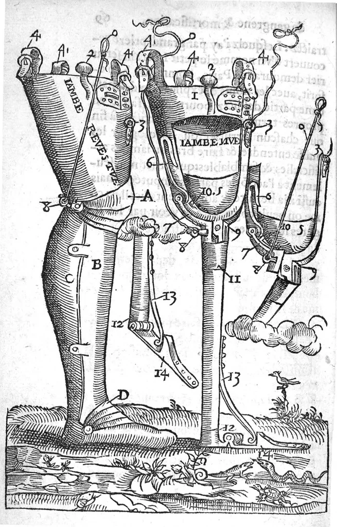An illustration from La maniere de traicter les playes faictes tant par hacquebutes, que par fleches : et les accidentz d’icelles, comme fractures et caries des os, gangrene et mortification : avec les pourtraictz des instrumentz necessaires pour leur curation. Et la methode de curer les combustions principalement faictes par la pouldre à canon. Le tout composé par Ambroise Paré, maistre Barbier Chirurgien à Paris, 1552, leaf 153