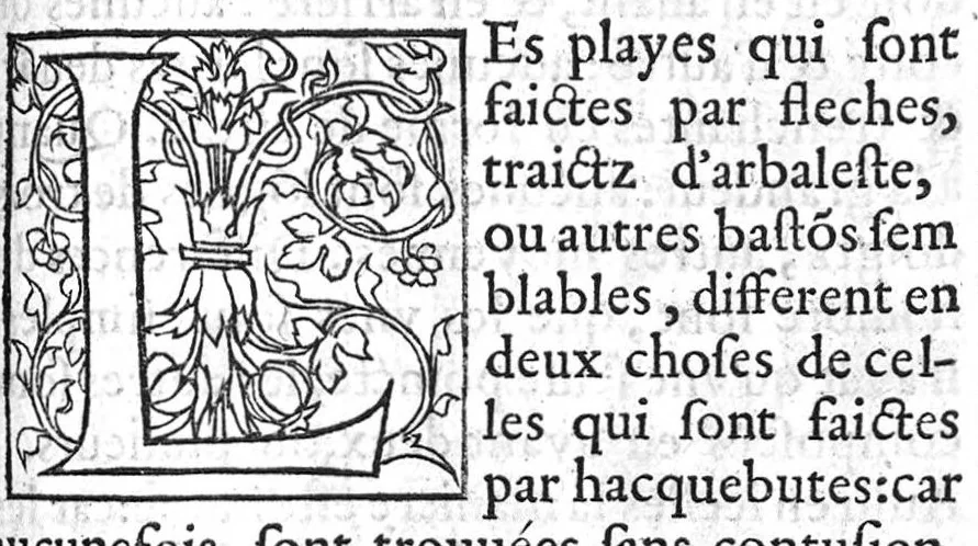 An illustration from La maniere de traicter les playes faictes tant par hacquebutes, que par fleches : et les accidentz d’icelles, comme fractures et caries des os, gangrene et mortification : avec les pourtraictz des instrumentz necessaires pour leur curation. Et la methode de curer les combustions principalement faictes par la pouldre à canon. Le tout composé par Ambroise Paré, maistre Barbier Chirurgien à Paris, 1552, leaf 52