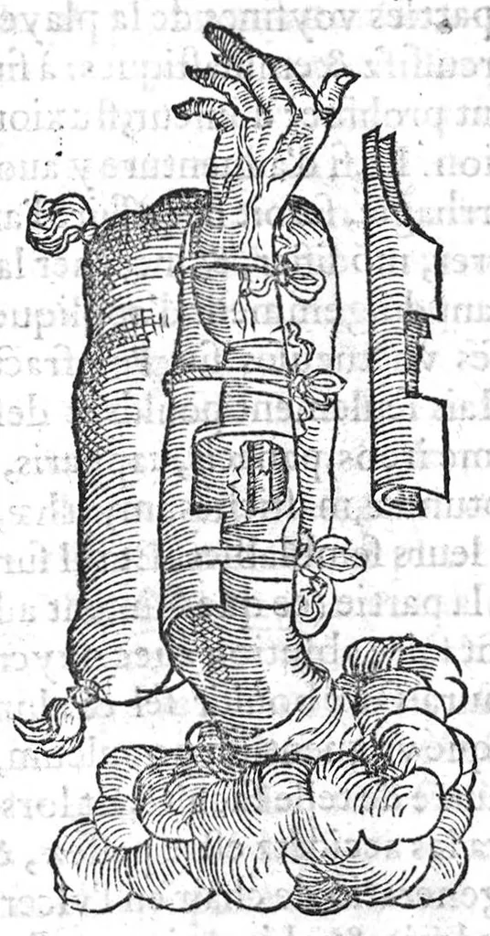 An illustration from La maniere de traicter les playes faictes tant par hacquebutes, que par fleches : et les accidentz d’icelles, comme fractures et caries des os, gangrene et mortification : avec les pourtraictz des instrumentz necessaires pour leur curation. Et la methode de curer les combustions principalement faictes par la pouldre à canon. Le tout composé par Ambroise Paré, maistre Barbier Chirurgien à Paris, 1552, leaf 72