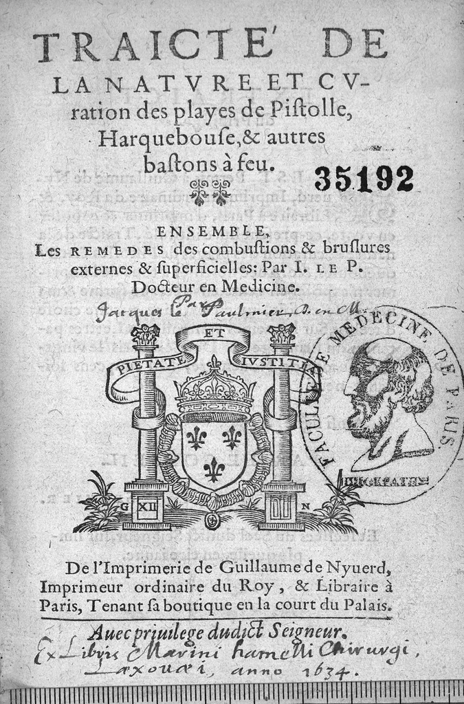 An illustration from Traicté de la nature et curation des playes de Pistolle, Harquebouse, et autres bastons à feu. Ensemble, les remedes des combustions et bruslures externes et superficielles : Par J. Le P. Docteur en Medecine, 1569, leaf 0