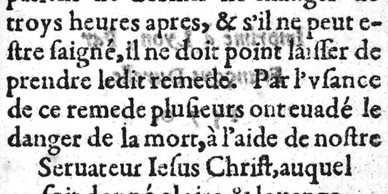An illustration from La chirurgie militaire tresutile a tous chirurgiens : et à tous ceux qui veulent suyvre un Camp en temps de guerre : pareillement à tous autres en condition pestilente ou dysenterique. Composee par M. Nicolas Goddin Docteur en medecine en la ville d’Arras.Translatee de Latin en François par maistre Jaques Blondel, chirurgien à Lille. Avec un recueil d’aucuns erreurs des chirurgiens vulgaires, adjousté par ledit Goddin, 1570, leaf 218