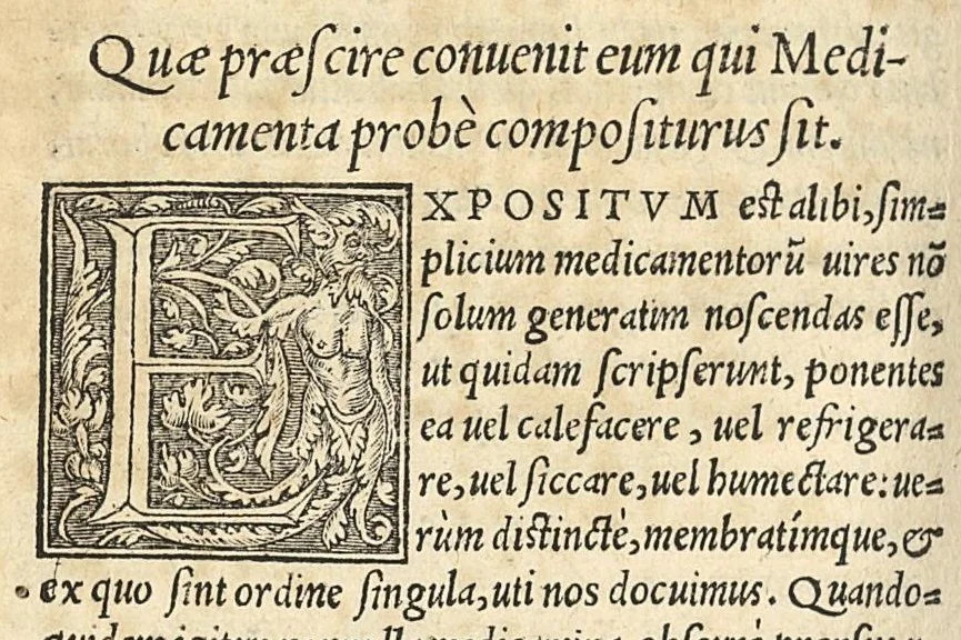 An illustration from Apparatus et delectus simplicium medicamentorum : De compositione medicamentorum secundum genera, ex Paulo Aegineta. De compositione medicamentorum secundum genera universalis methodus, ex Galeno. Omnia nunc primùm aedita, cùm medicis, tum pharmacopolis omnib. apprimè necessaria ..., 1542, leaf 157