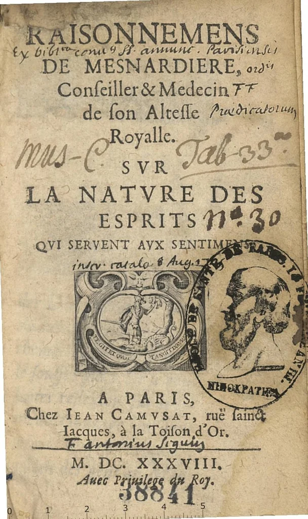 An illustration from Raisonnements sur la nature des esprits qui servent aux sentiments, 1638, leaf 0