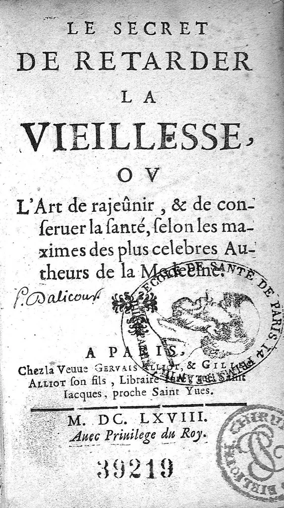 An illustration from Le secret de retarder la vieillesse ou l'art de rajeunir et de conserver la santé, selon les maximes des plus célèbres autheurs de la médecine., 1668, leaf 1
