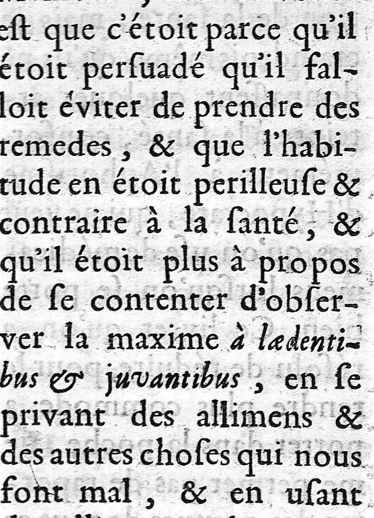 An illustration from Régime de santé pour se procurer une longue vie et une vieillesse heureuse, fondé sur la maxime de médecine ″a laedentibus et juvantibus″, avec la réponse à la critique par le sieur de La Cour, 1690, leaf 60
