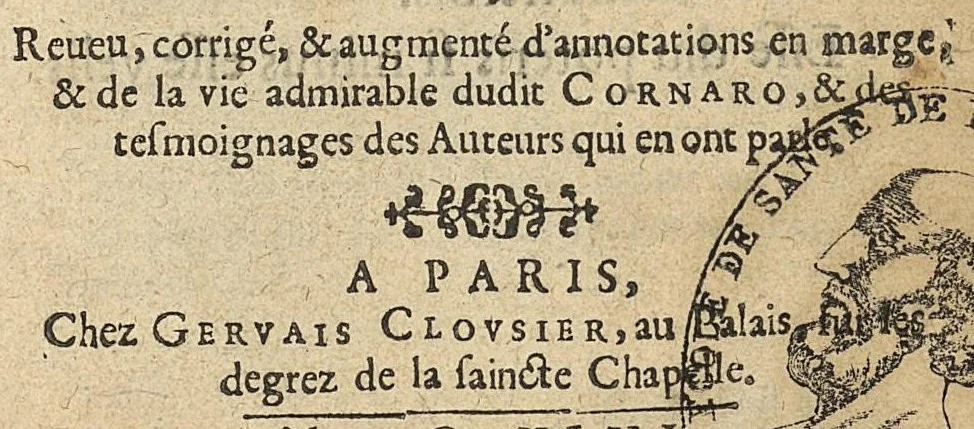 An illustration from Le vray regime de vivre pour la conservation de la santé du corps & de l'âme & du parfait usage du jugement...ensemble un traitte de Louis Cornaro...le tout traduit en françois par Sébastien Hardy...reveueu, corrigé..., 1646, leaf 0