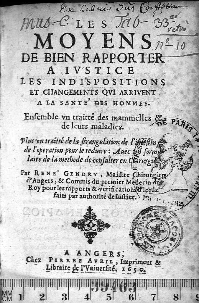An illustration from Les moyens de bien rapporter a ivstice les indispositions et changements qvi arrivent a la santé des hommes. Ensemble vn traitté des mammelles & de leurs maladies. Plus vn traitté de la strangulation de l'intestin et de l'operation pour le reduire : avec vn formulaire de la methode de consulter en chirurgie, 1650, leaf 0