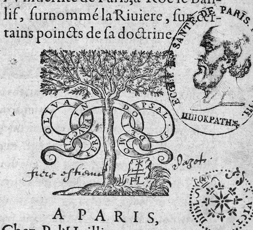 An illustration from Vray discours des interrogatoires faicts en la presence de Mm. de la Cour du Parlement par les Docteurs regent...à Roc le Baillif surnommé La Riviere, sur certains poincts de sa doctrine, 1579, leaf 0