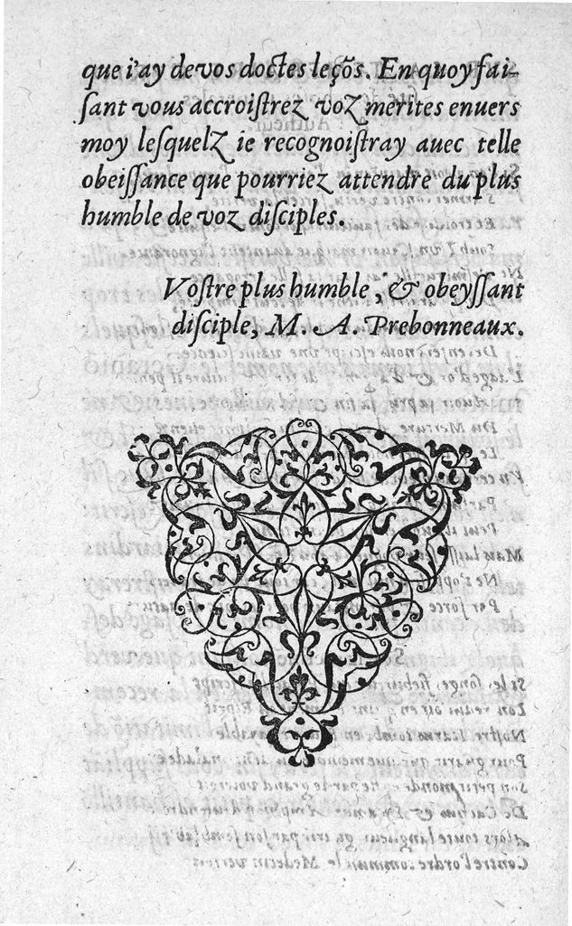 An illustration from Traicte sur la réfutation des abus mis en avant par Roc le Baillif, surnommé La Riviere, sur l'art signé et physiognomonie herbaire. Par lequel est monstré, combien est grande l’erreur qu’il introduict à la cognoissance des Plantes, et de leurs facultez. Auquel est adjousté un petit extraict de ce qu’on trouve de la vie de Paracelse. Par Marc Antoyne Prebonneaux Limosin,, 1579, leaf 5