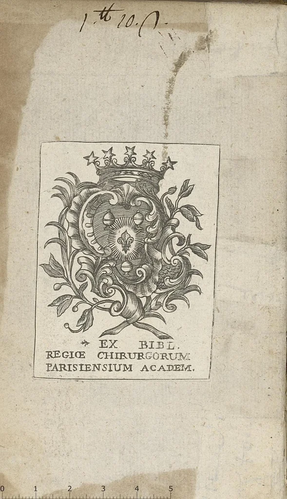An illustration from Nouvelles formules de medecine latines et francoises, pour le Grand-Hôtel-Dieu de Lyon utiles aux autres hôpitaux, tant des villes que des armées, & aux jeunes medecins, chirurgiens & apothicaires composées...augmentées d'un traité de la verole ; seconde edition, 1699, leaf 1