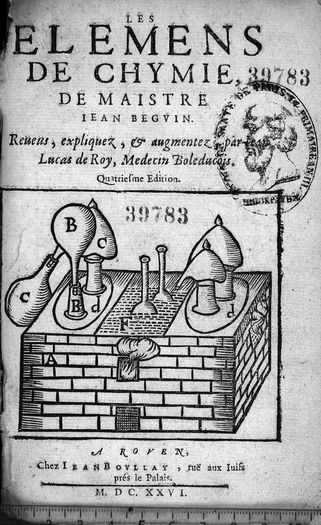 An illustration from Les elemens de chymie de maistre Beguin, reveus, expliquez, & augmentez par Jean Lucas de Roy...quatriesme edition, 1626, leaf 0