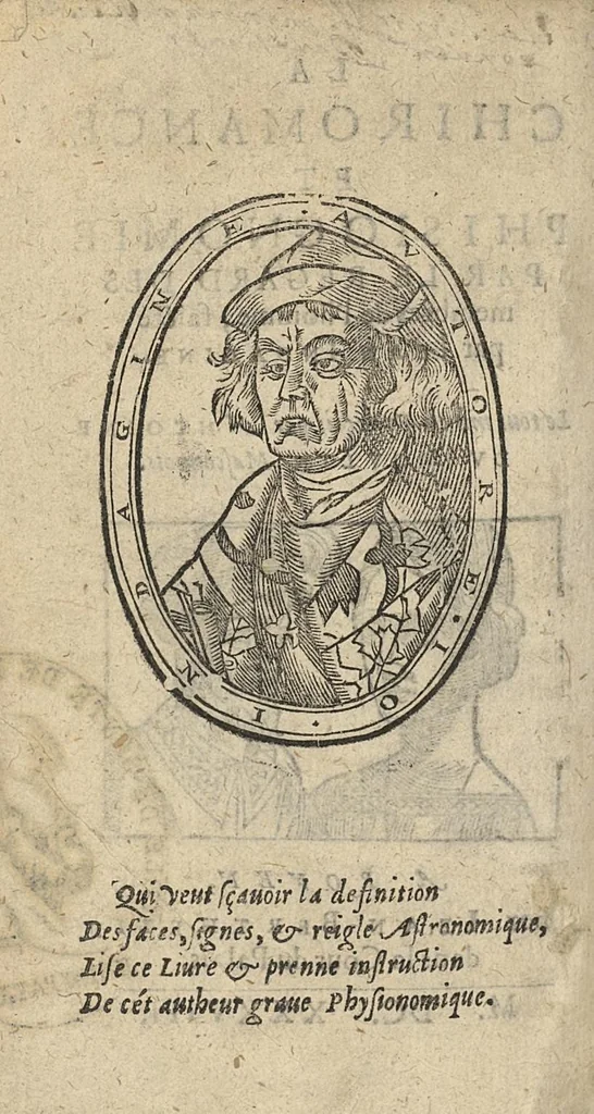 An illustration from La Chiromance et phisiognomie par le regard des membres de l'homme..., le tout mis en françois par Antoine du Moulin masconnois, 1638, leaf 1
