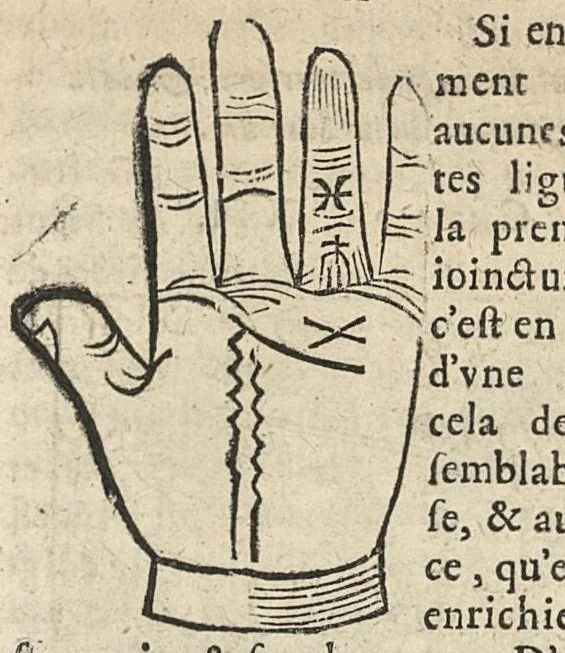 An illustration from La Chiromance et phisiognomie par le regard des membres de l'homme..., le tout mis en françois par Antoine du Moulin masconnois, 1638, leaf 108