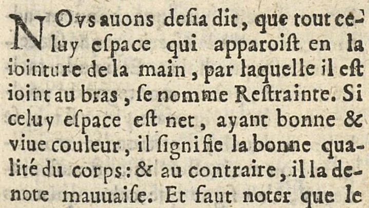 An illustration from La Chiromance et phisiognomie par le regard des membres de l'homme..., le tout mis en françois par Antoine du Moulin masconnois, 1638, leaf 58