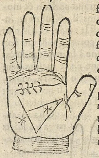 An illustration from La Chiromance et phisiognomie par le regard des membres de l'homme..., le tout mis en françois par Antoine du Moulin masconnois, 1638, leaf 72