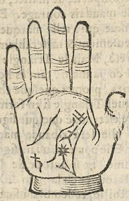 An illustration from La Chiromance et phisiognomie par le regard des membres de l'homme..., le tout mis en françois par Antoine du Moulin masconnois, 1638, leaf 75