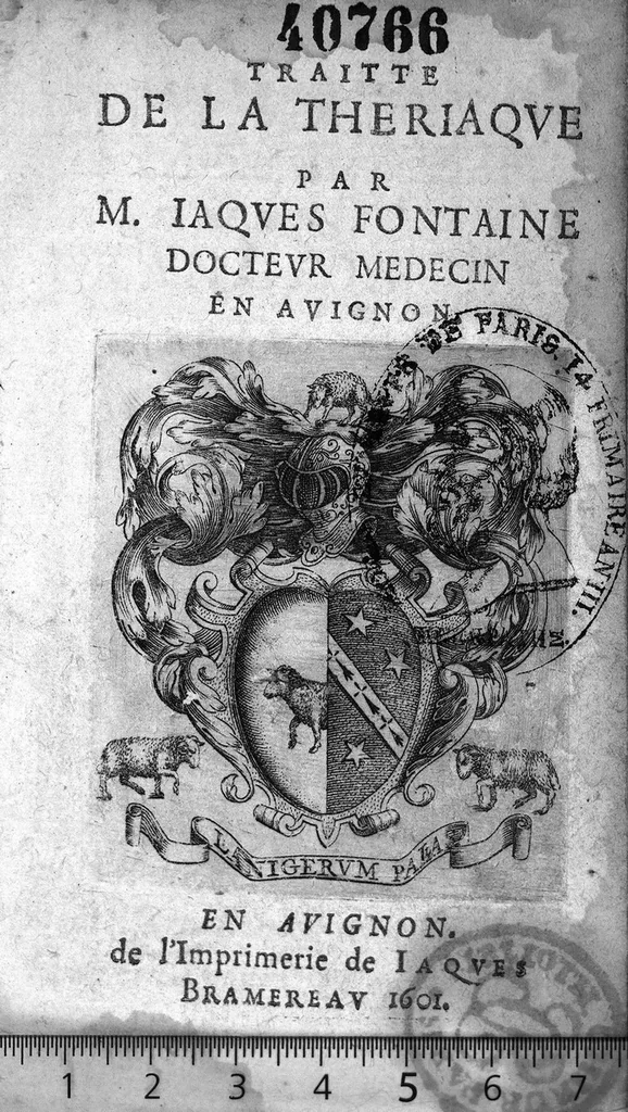 An illustration from Traitte de la theriaque par Jacques Fontaine docteur medecin en Avignon, 1601, leaf 0